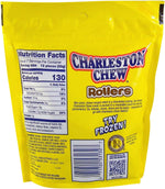 Bite sized chocolate covered vanilla nougat pieces scattered next to the yellow snack bag