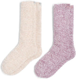 Side profile of the crew length slouchy lounge socks.