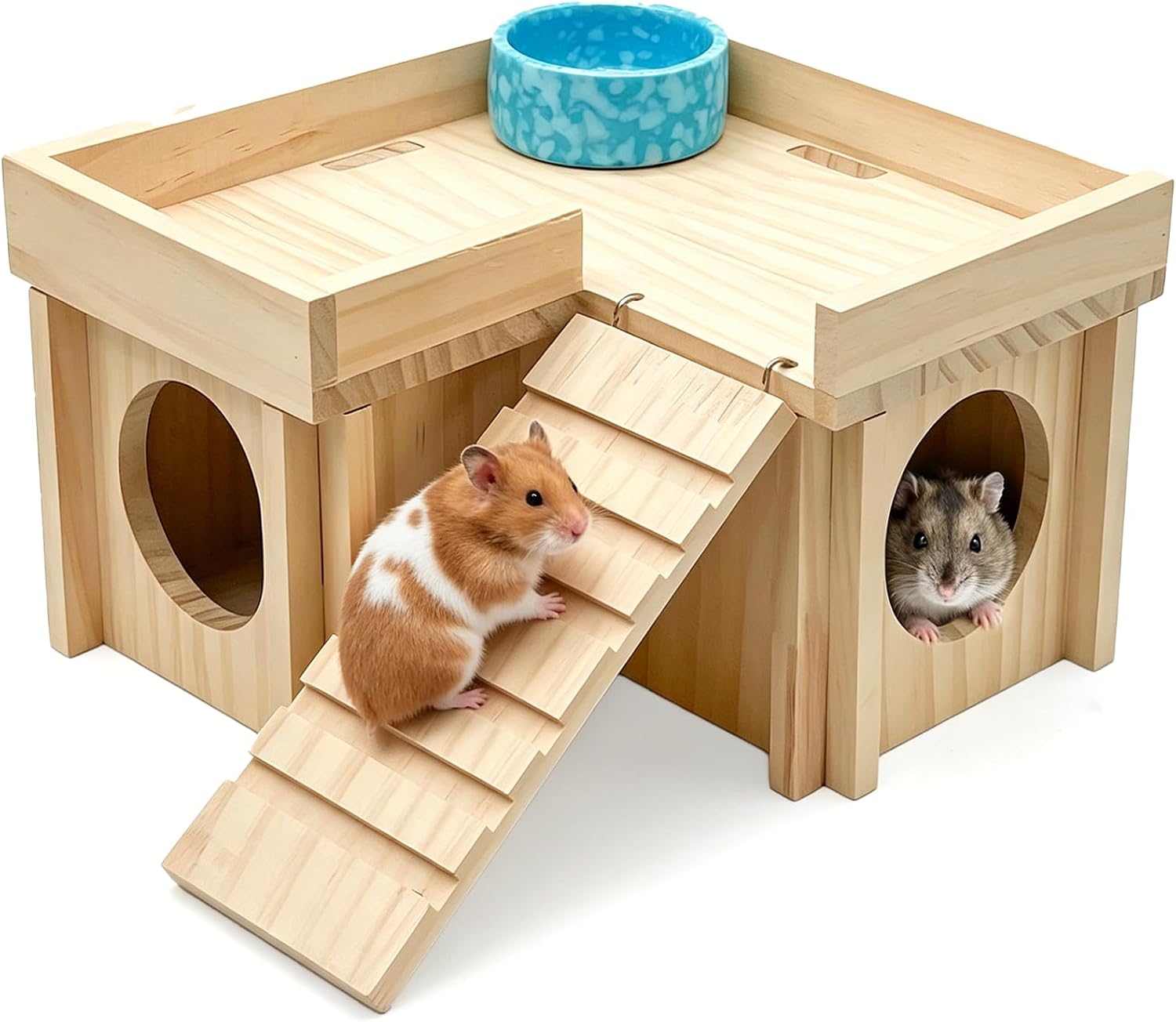 Wooden Hamster Hideout,Dwarf Hamster Hide House with Platform & Bowl & Ladder,Small Hamsters Maze Hut Hides Habitats Decor Cage Accessories for Gerbils,Mice,Mouse - Image 1