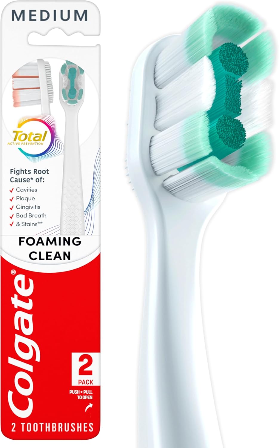 Colgate Total Active Prevention Foaming Clean Medium Toothbrushes, Medium Bristle Toothbrush Pack for Plaque Removal, Helps Reach Deeper Along The Gumline and Between Teeth, White, 2 Pack - Image 1