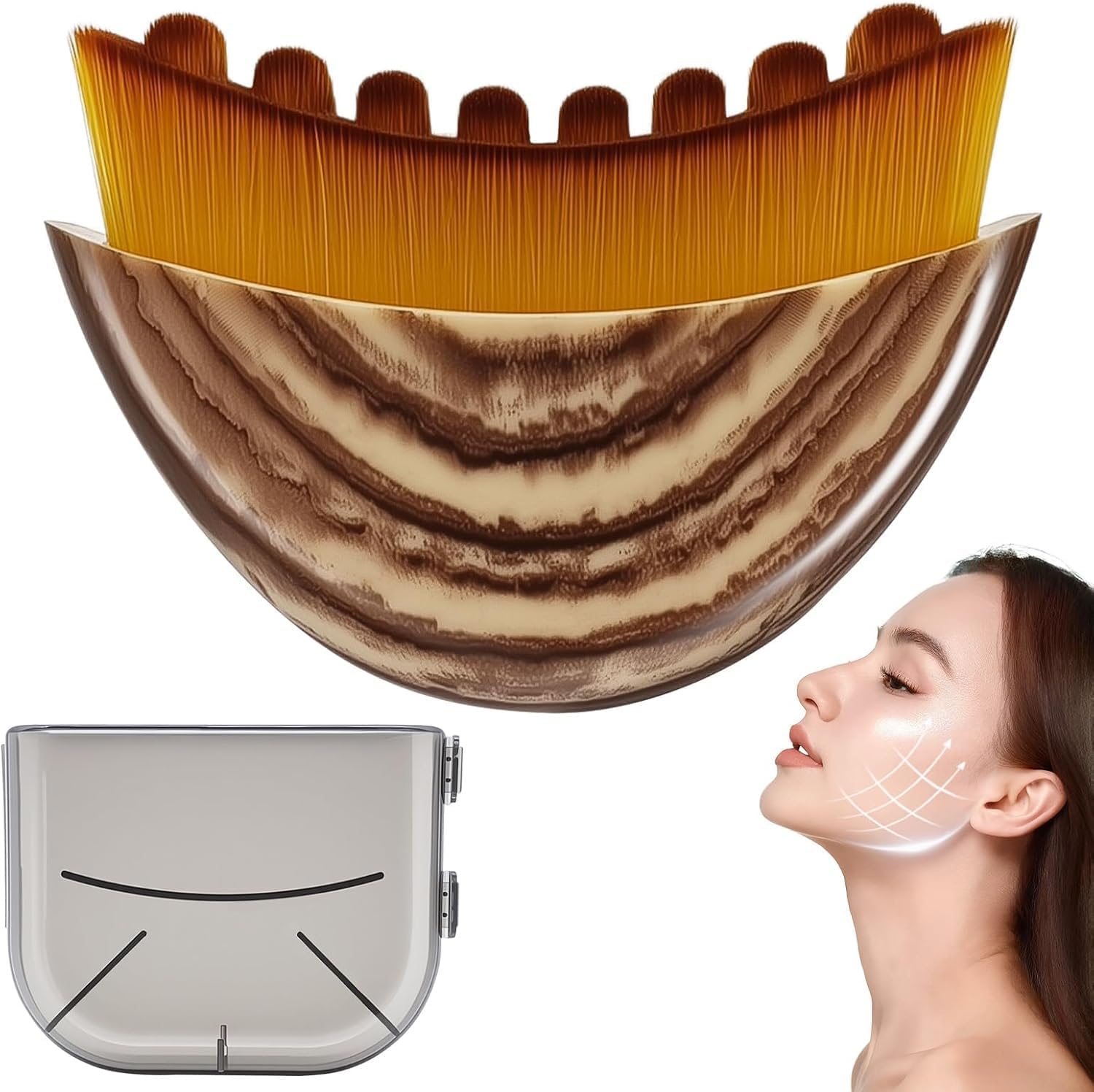 Nasteck Mobile Parts Lymphatic Contour Face Brush front view showing ergonomic brown handle and soft bristle curvature