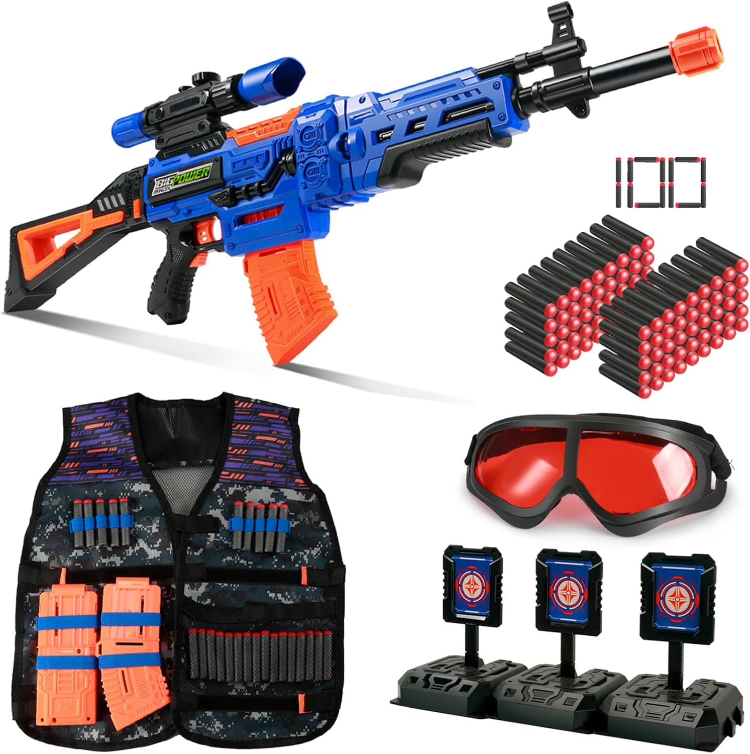 Bigpower Electric Kids Toy Sniper Rifle front view showing the full modular automatic dart gun setup.