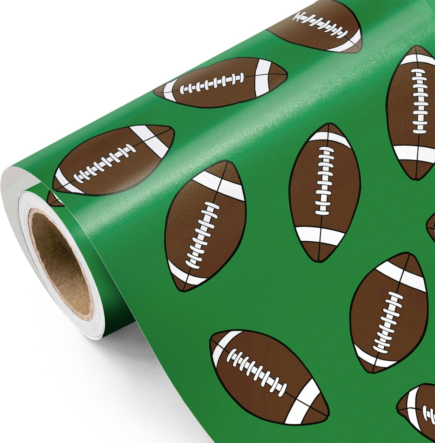WRAPAHOLIC football wrapping paper roll front view featuring sports green rugby ball design for birthdays