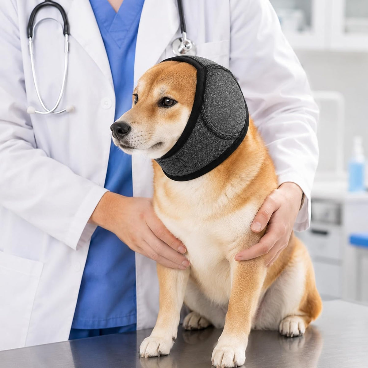 Yetary calming hood for dogs used during home vacuuming and grooming.