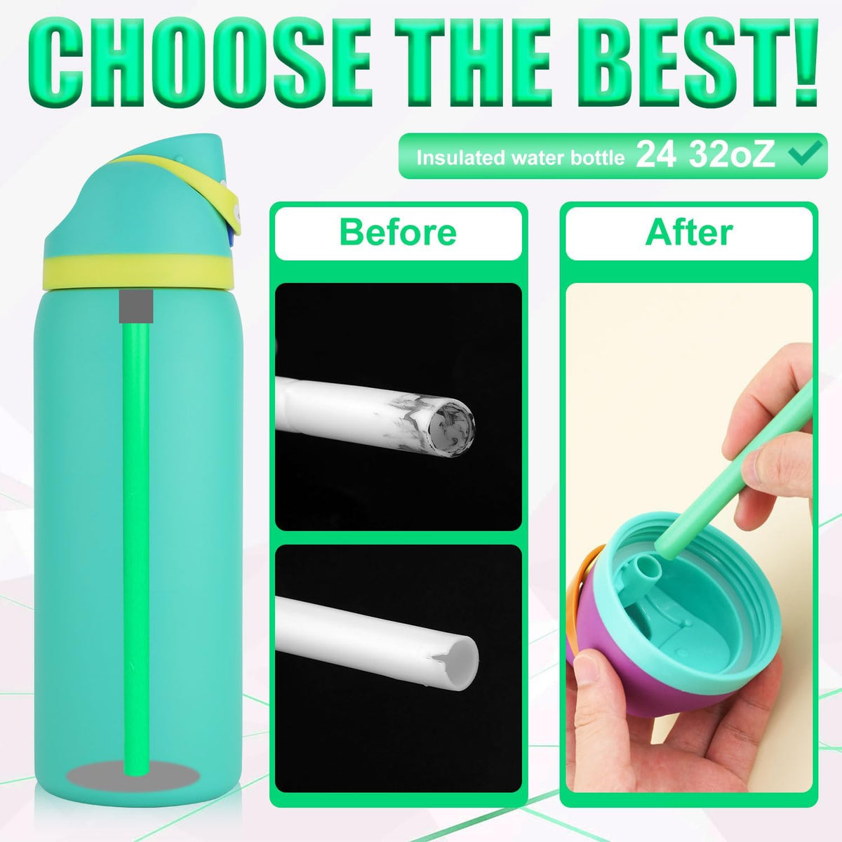 Gosknor replacement straws paired beside a compatible water bottle cap