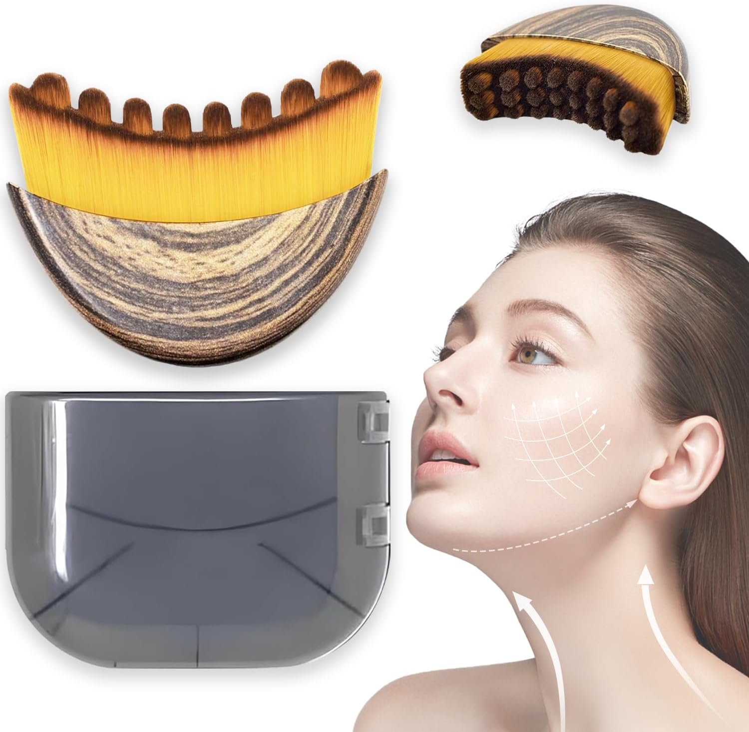 Generic Lymphatic Contour Face Brush front view showcasing yellow bristles and curved wood grain handle for jawline sculpting.