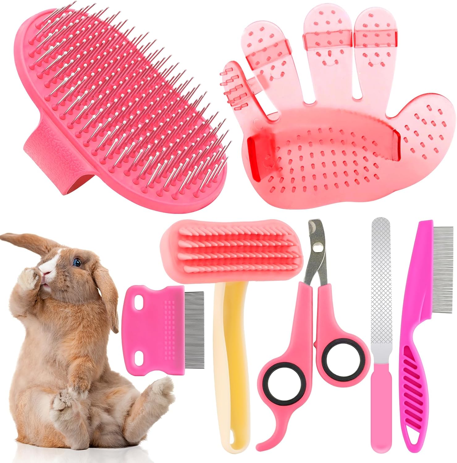 Kalamanda 7 piece rabbit grooming kit pink front view of complete pet care set.