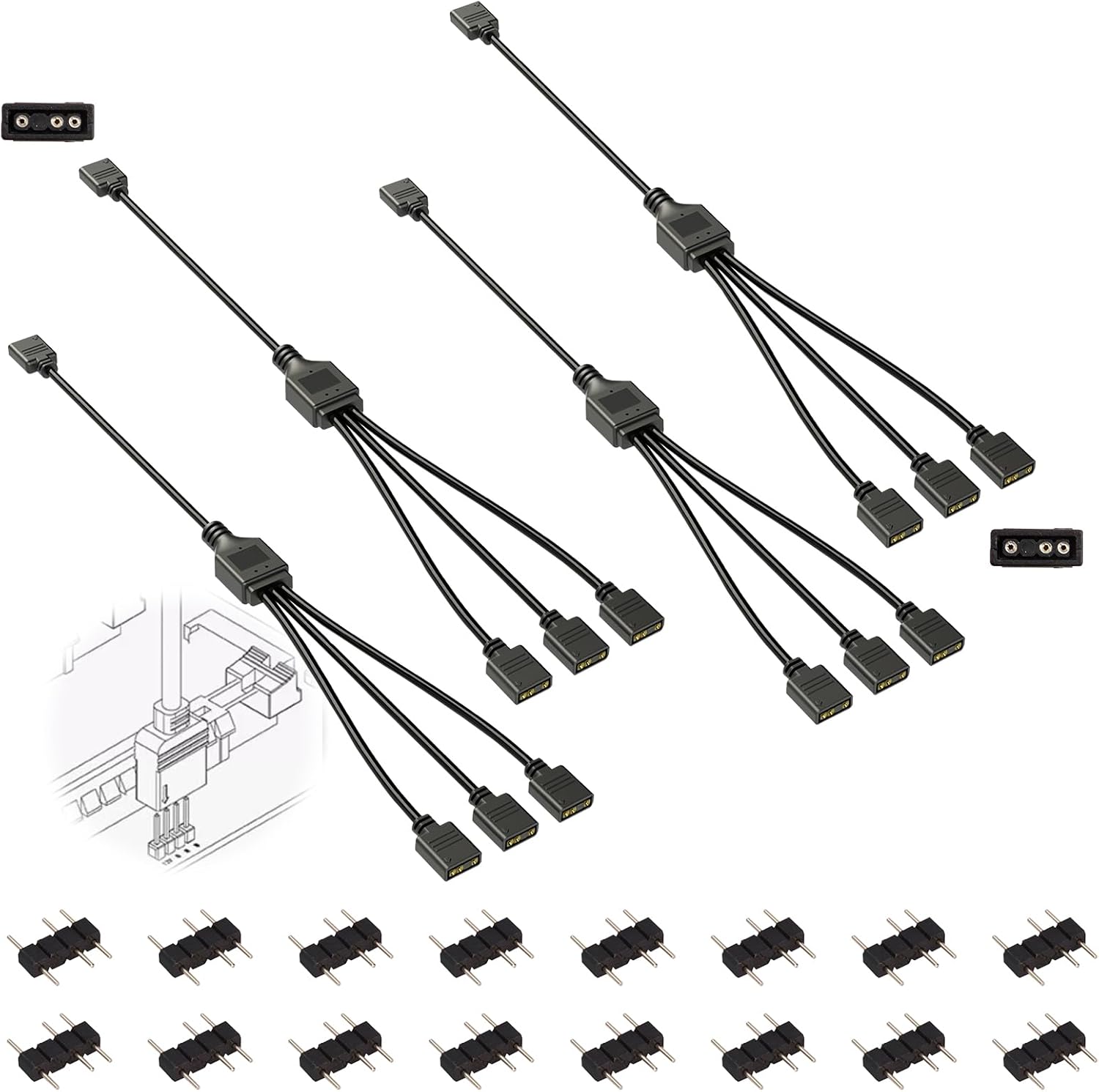 Jstincal 3-Pin ARGB Splitter Cable 4 pack front view showing premium 1-to-3 female connectors for PC fan upgrades.