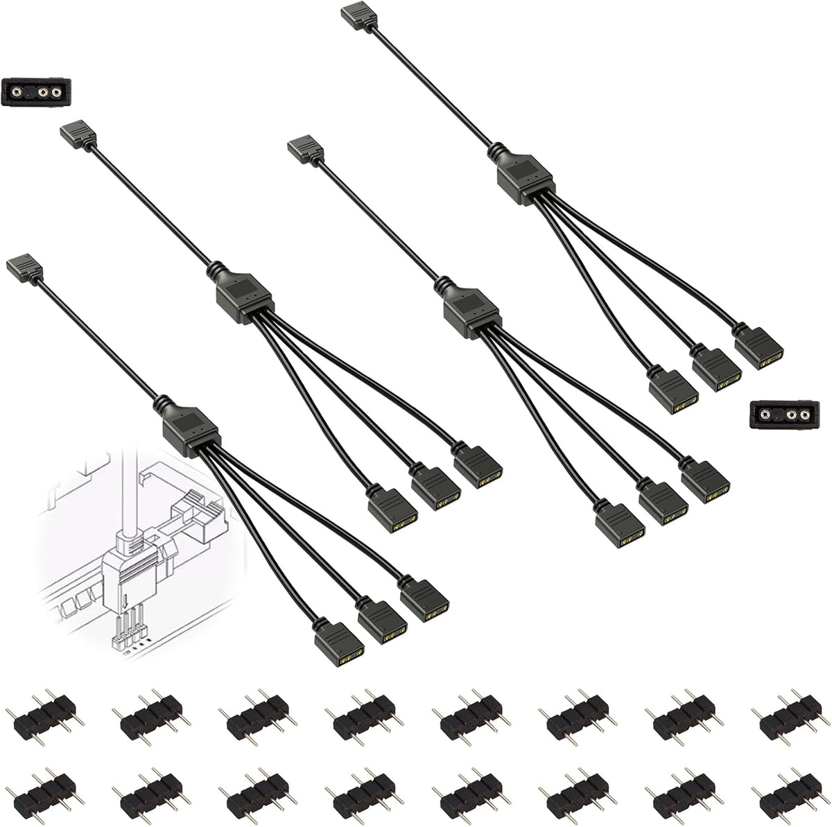 Jstincal 3-Pin ARGB Splitter Cable 4 pack front view showing premium 1-to-3 female connectors for PC fan upgrades.