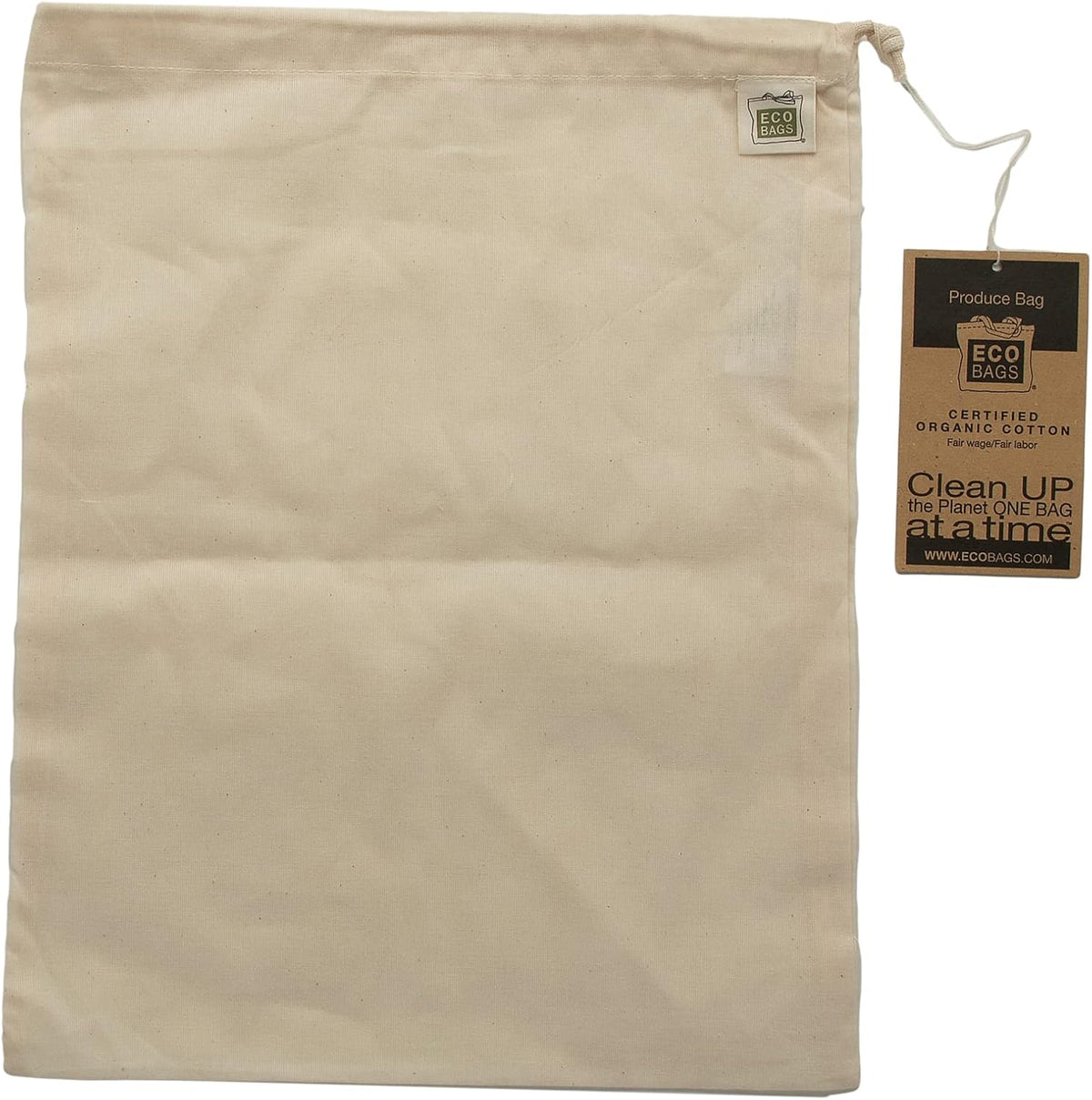 Green 'N' Pack organic cotton produce sack front view showing drawstring closure