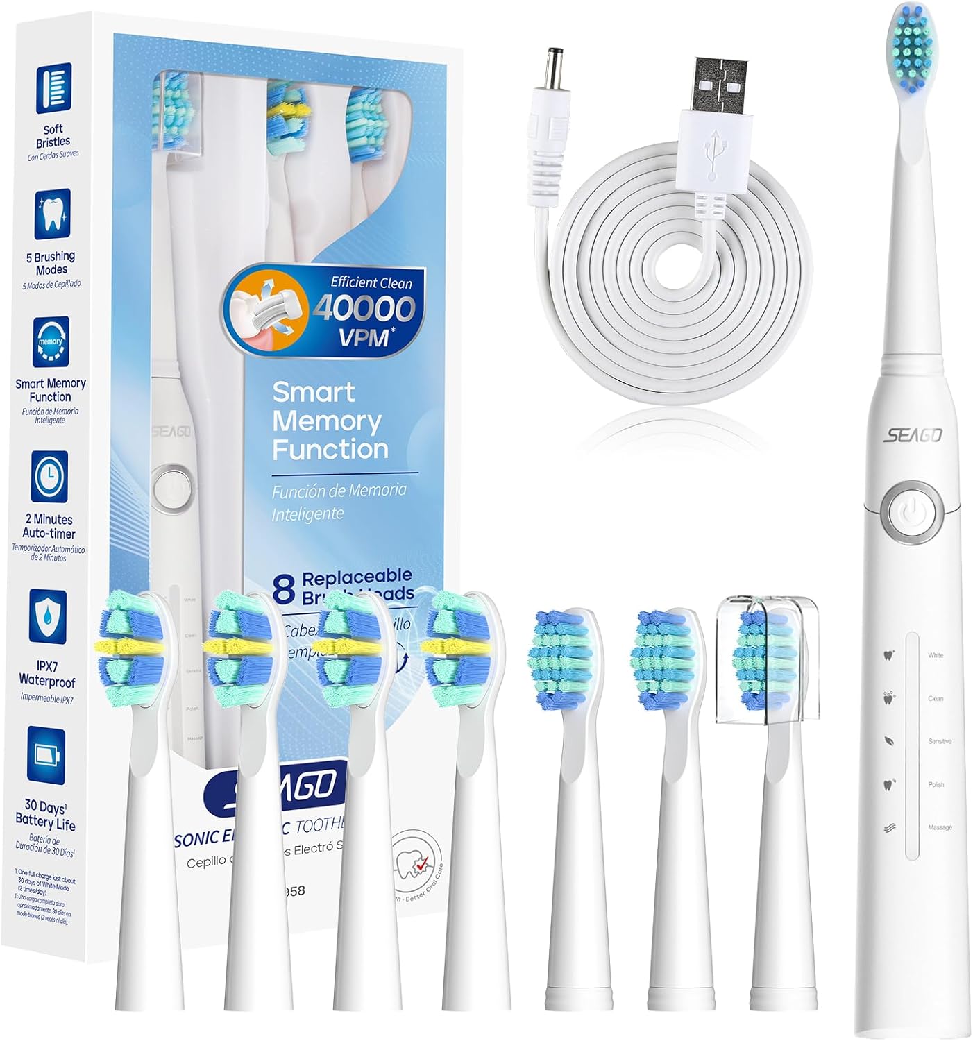 SEAGO Electric Toothbrush for Adults, with 8 Heads and 5 Modes, Rechargeable Sonic Tooth Brush One Charge for 30 Days, with 2 Mins Timer,SG958(White) - Image 1