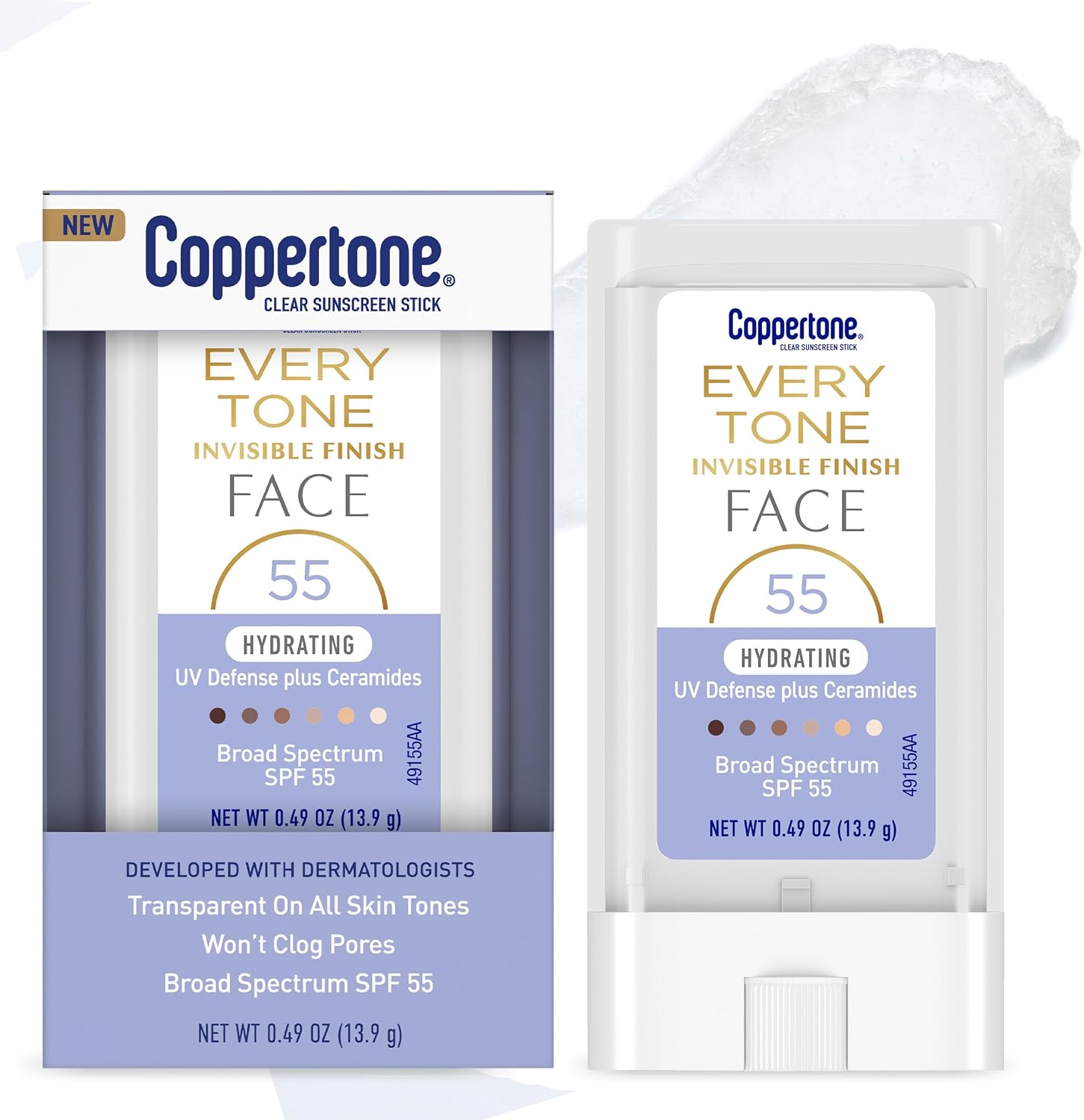 Coppertone Every Tone Invisible Finish Face Sunscreen Stick SPF 55 front view clear stick buy online