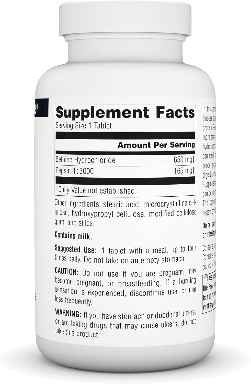 Source Naturals Betaine HCl supplement bottle showing back label and ingredients