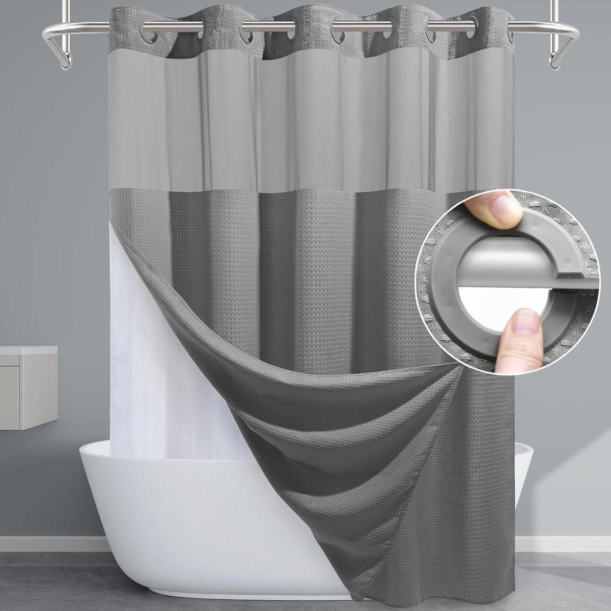 EUTXL Grey Shower Curtain front view hanging in a modern luxury bathroom.