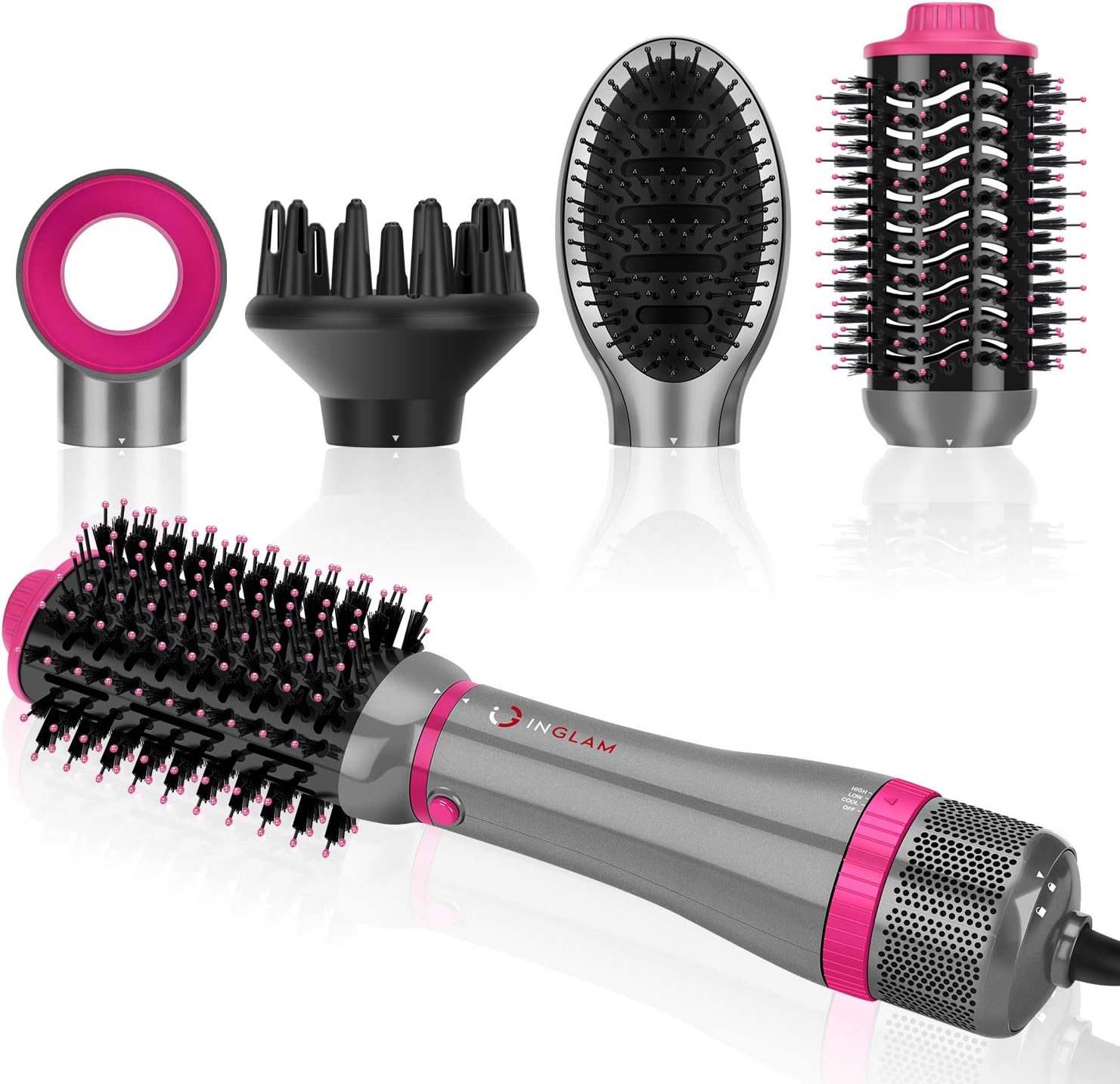 IG INGLAM 4 in 1 blowout brush front view showing silver hot air styler handle and attachments