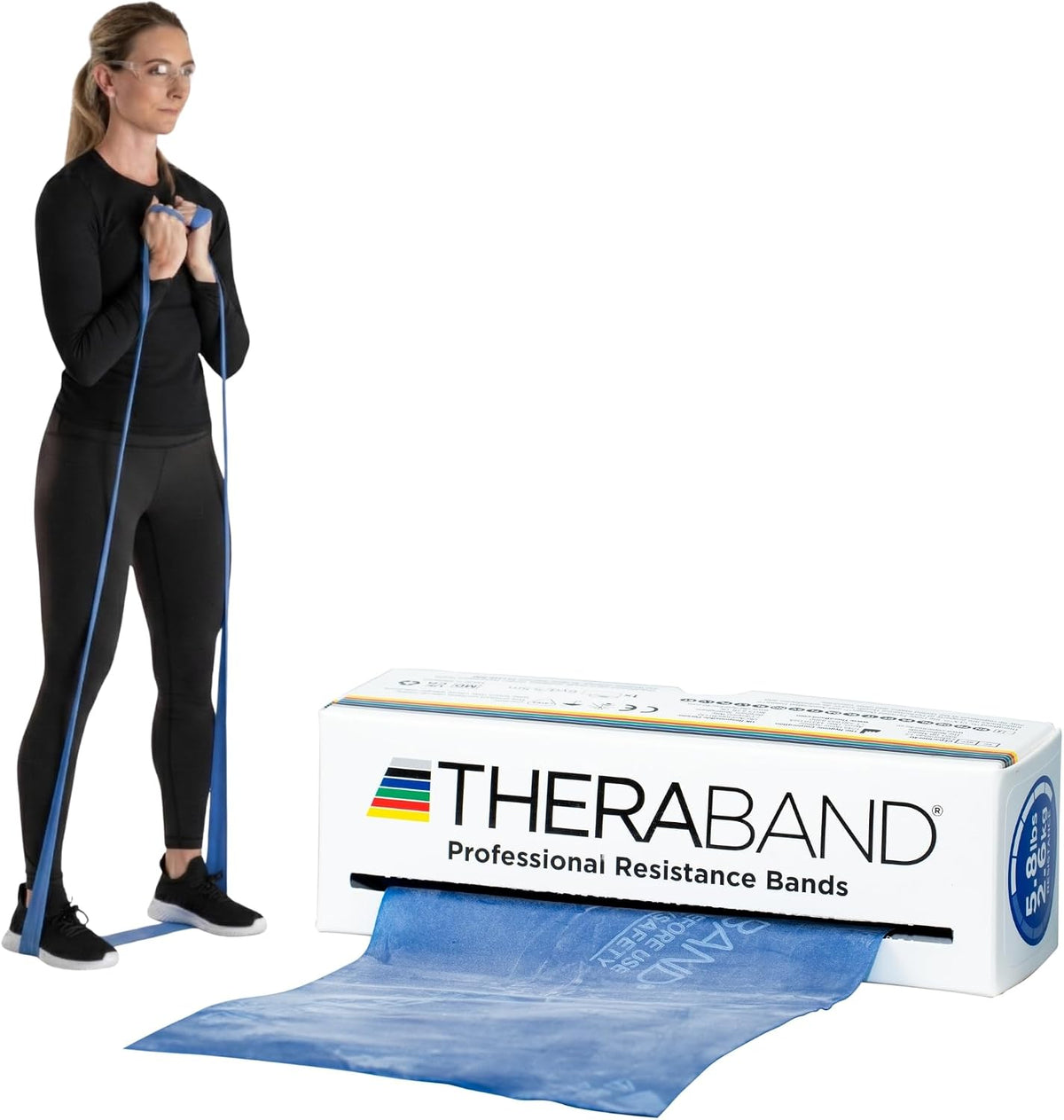 Theraband resistance band front view in dispenser box