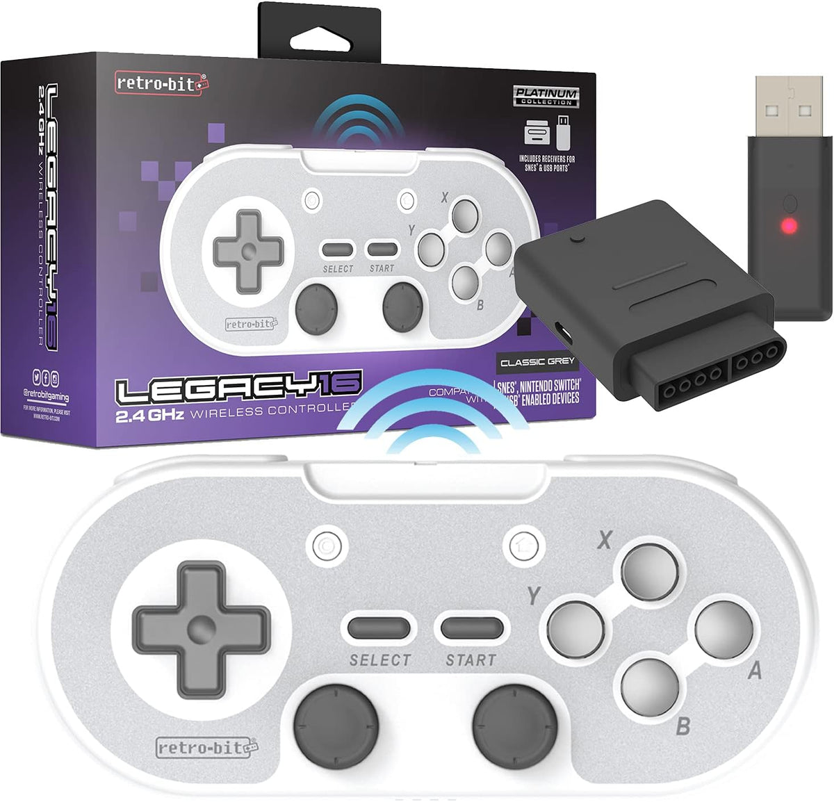 Retro-Bit Legacy 16 wireless controller front view classic gray gamepad