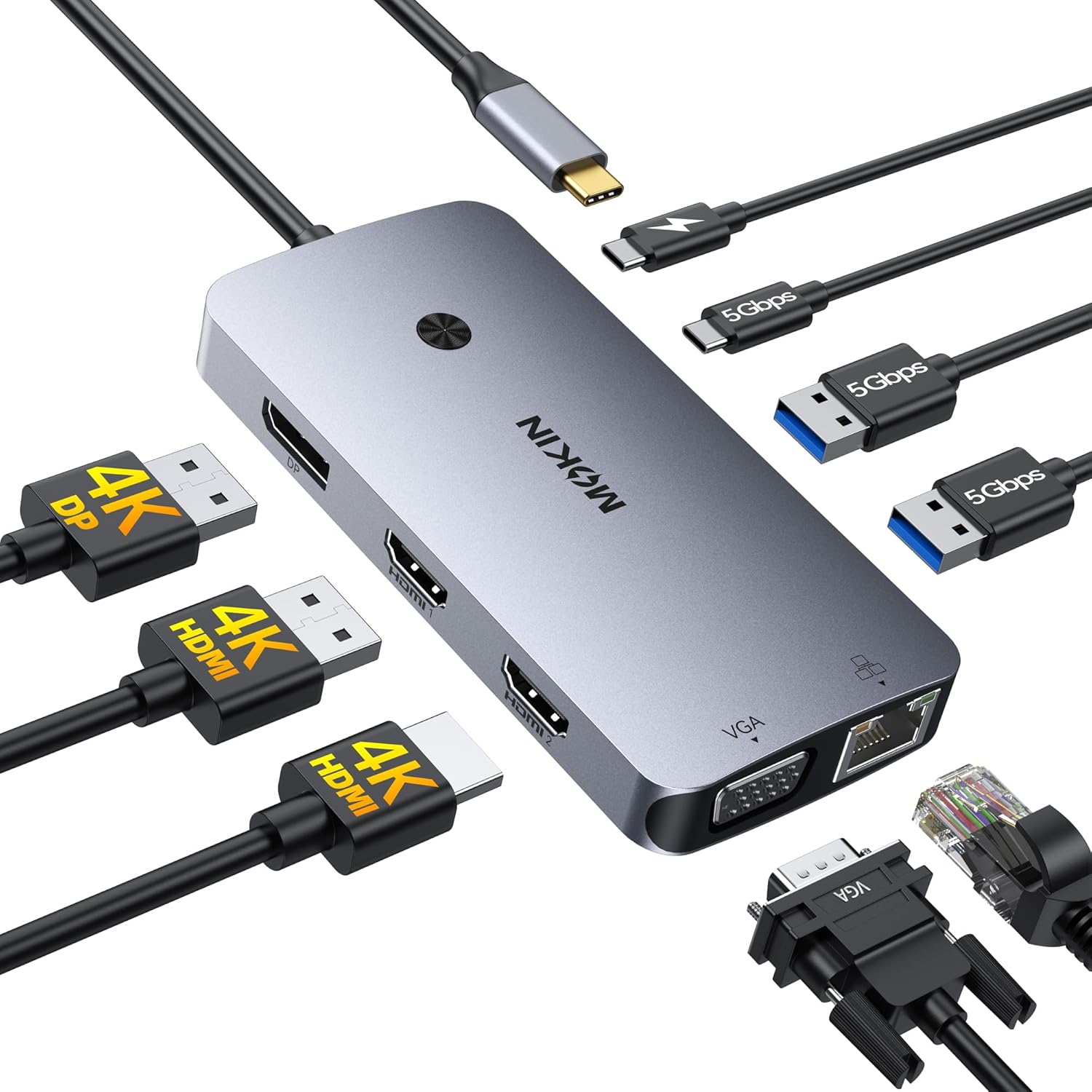 MOKiN USB C docking station front view showing dual HDMI and DisplayPort connections.