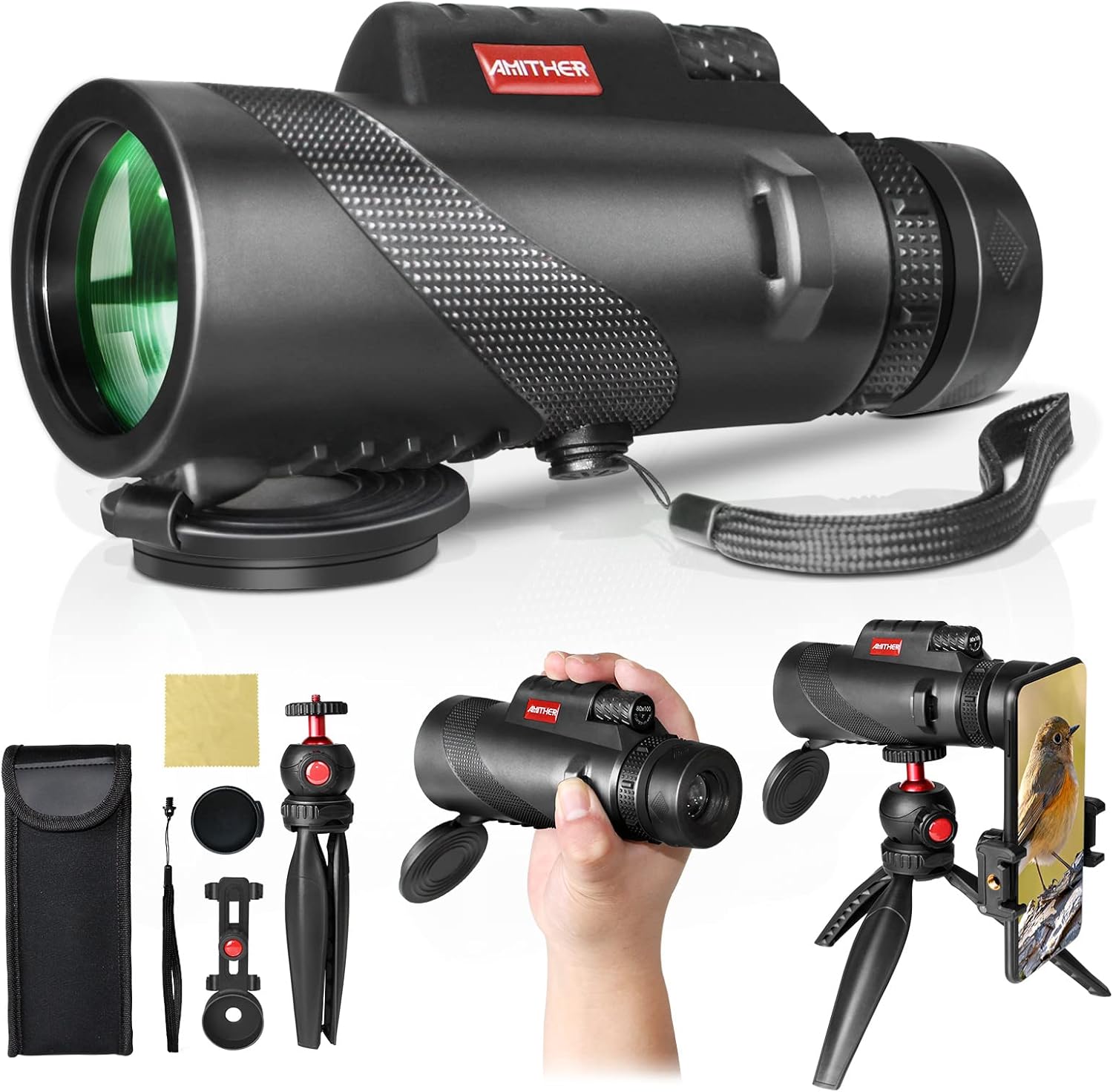 Amither monocular telescope high powered front view showing objective lens and black rubber body armor.