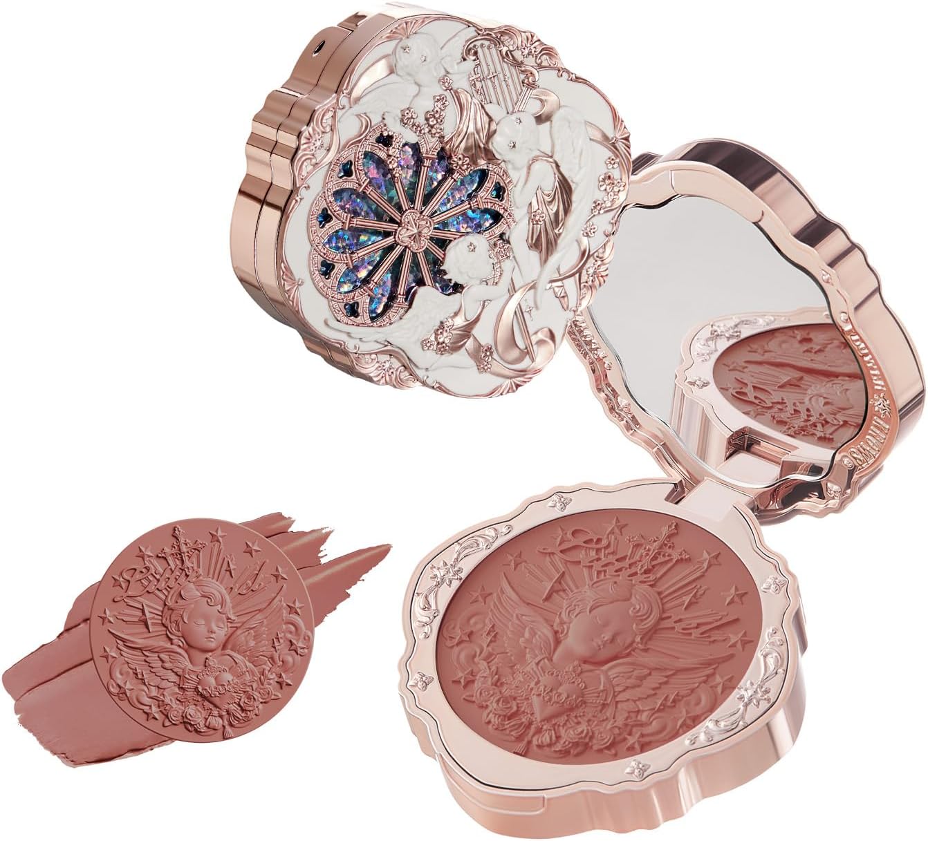 Flower Knows Little Angel Cream Blush front view showing medieval rose window compact packaging