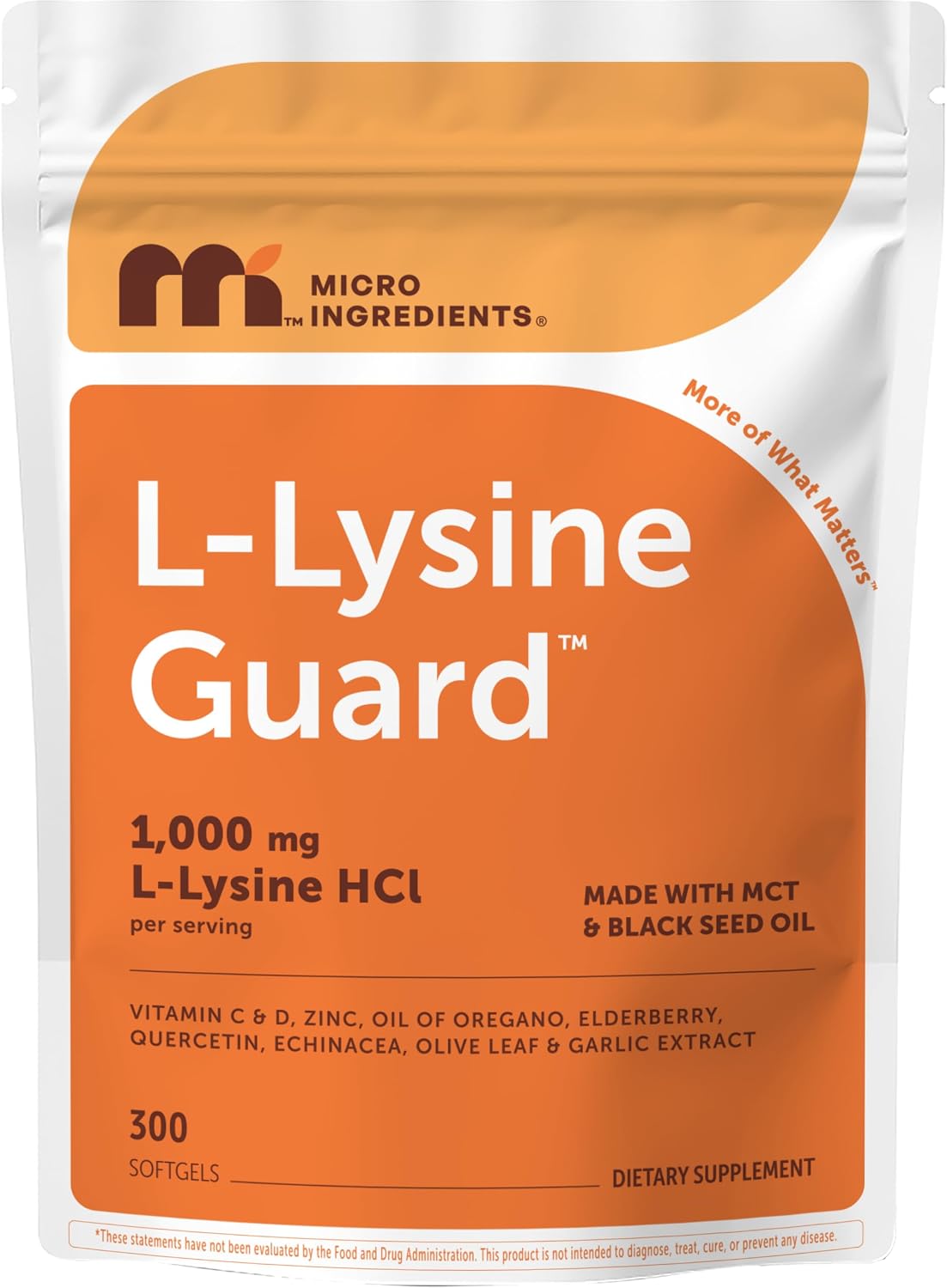 Micro Ingredients L-Lysine Guard 300 Softgels front bottle view