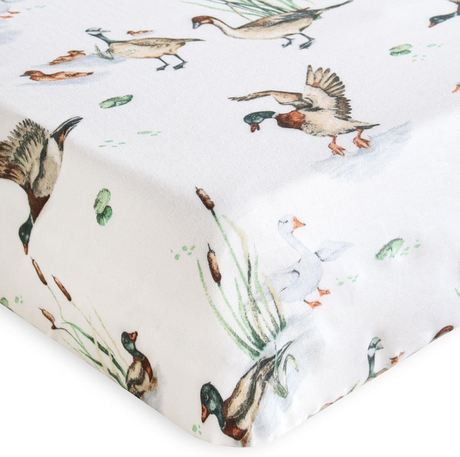 LifeTree Mallard Duck muslin fitted crib sheet top view