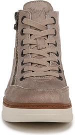 Side view of mushroom colored Blowfish Malibu wedge sneaker showing functional zipper