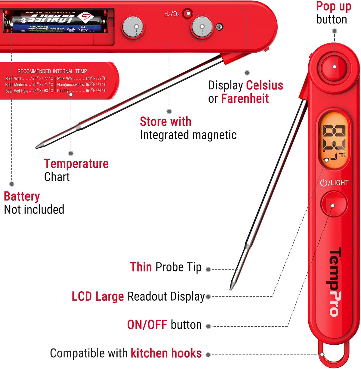 TempPro instant read thermometer measuring temperature of grilled meat
