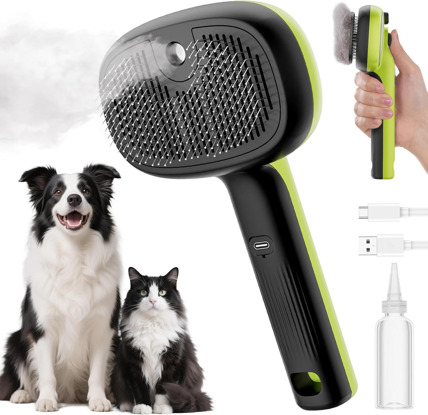 Pecute self cleaning steam pet brush green front view showing mist nozzle