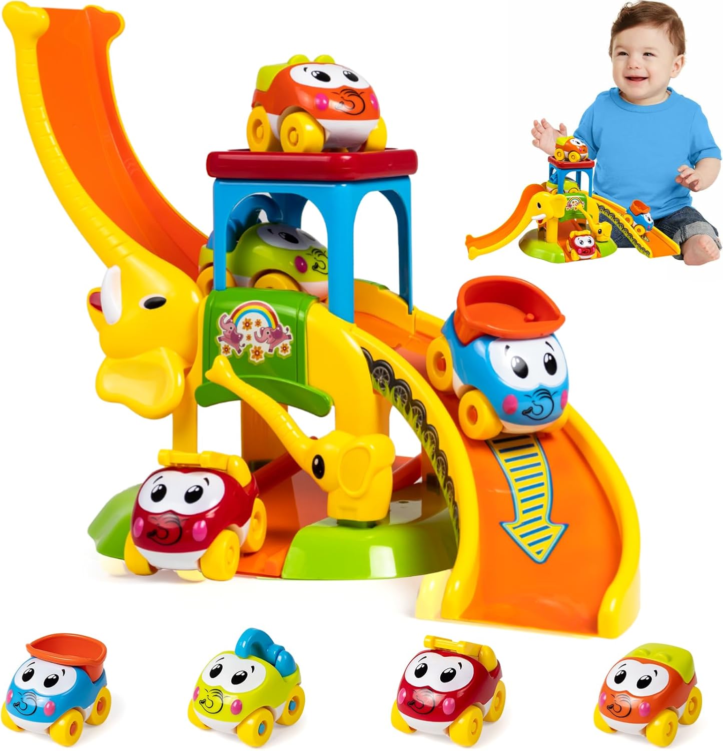 Marstone elephant slide toddler toy front view with four animal cars on the ramp.