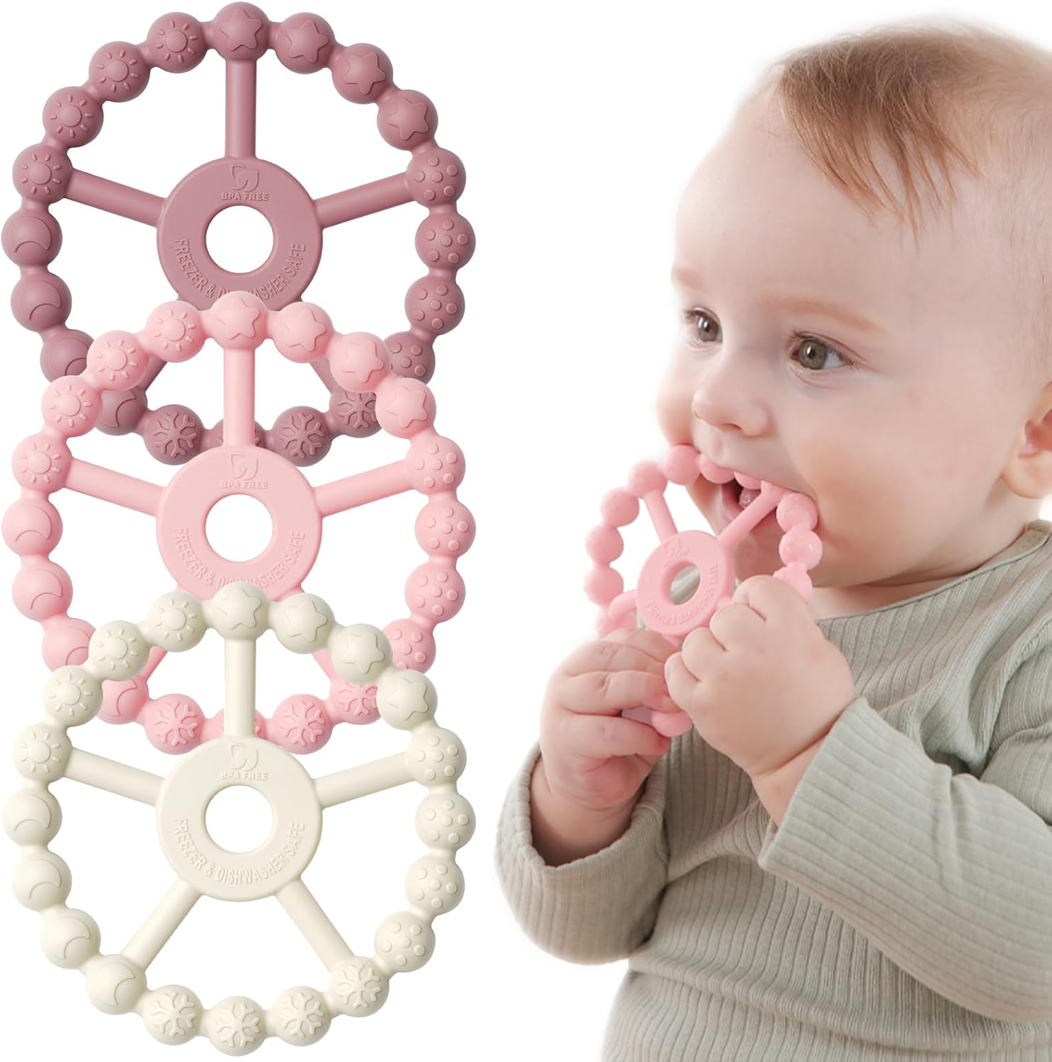 Seposeve 3 Pack Ring Teether baby infant toys front view showing purple pink and white silicone rings