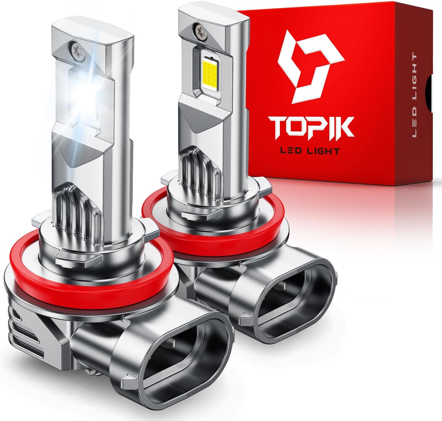 TOPIK Brightest H11 LED Bulbs front view showcasing dual premium aluminum car replacement lights