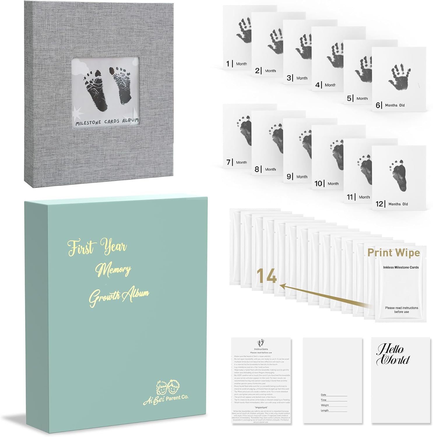 Ai Bei Parent Co. baby inkless milestone cards and green gift box front view