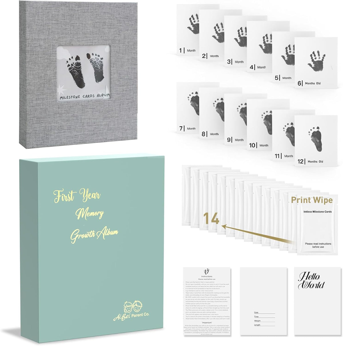 Ai Bei Parent Co. baby inkless milestone cards and green gift box front view