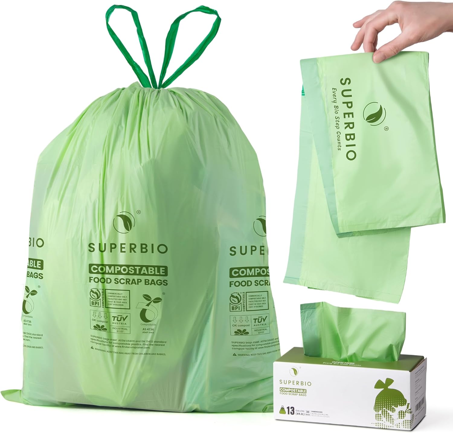 SUPERBIO 13 Gallon Compostable Drawstring Kitchen Waste Bag packaging front view