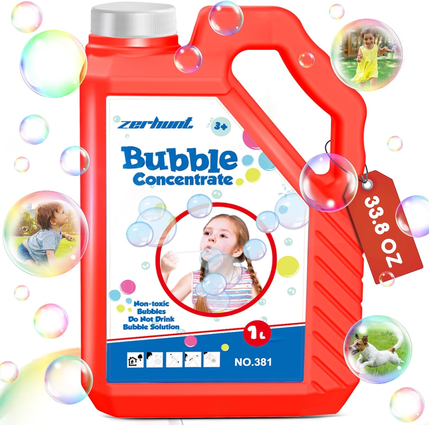 Zerhunt Concentrated Bubble Solution front view of red 1 liter bottle