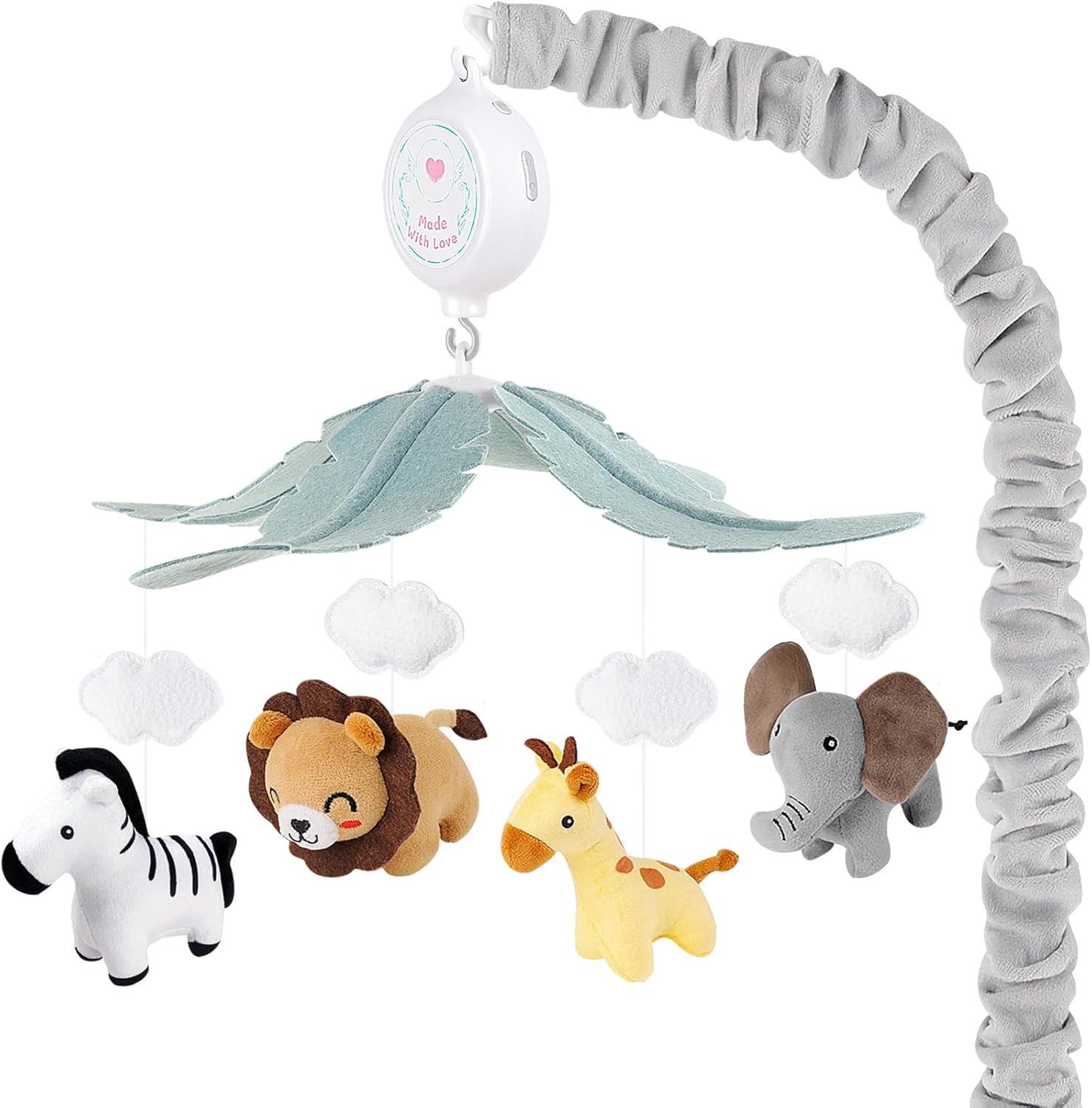 PIIKAGO Animals Crib Mobile front view showing the hanging safari plush toys and the upgraded music box over a standard nursery cot.