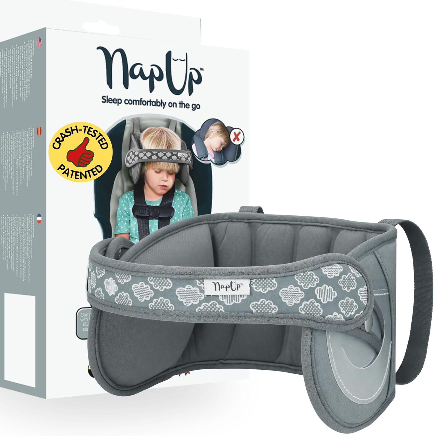 NapUp adjustable car seat head support in grey installed on a toddler car seat front view