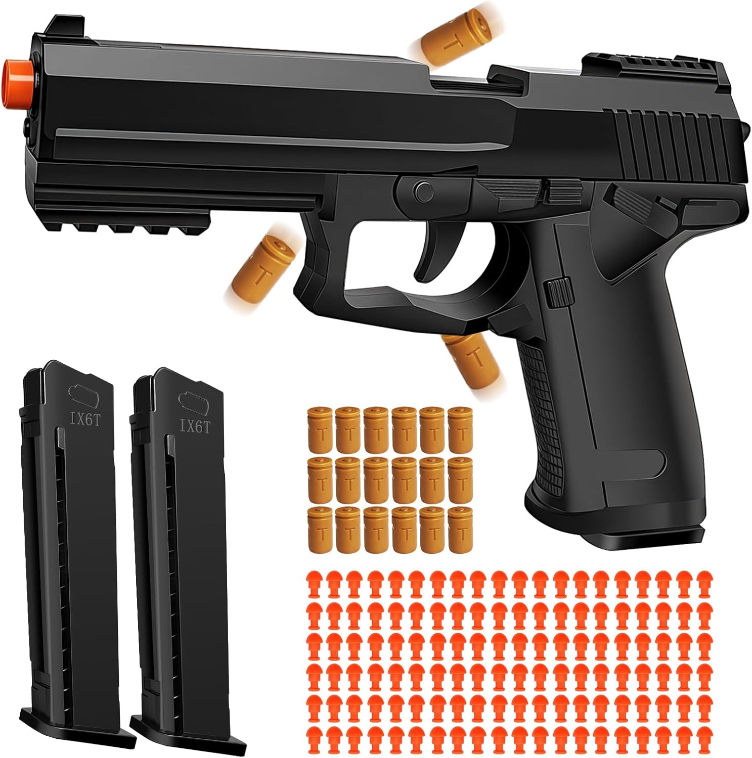 Tcxomino automatic shell ejecting toy gun black front view showing magazine