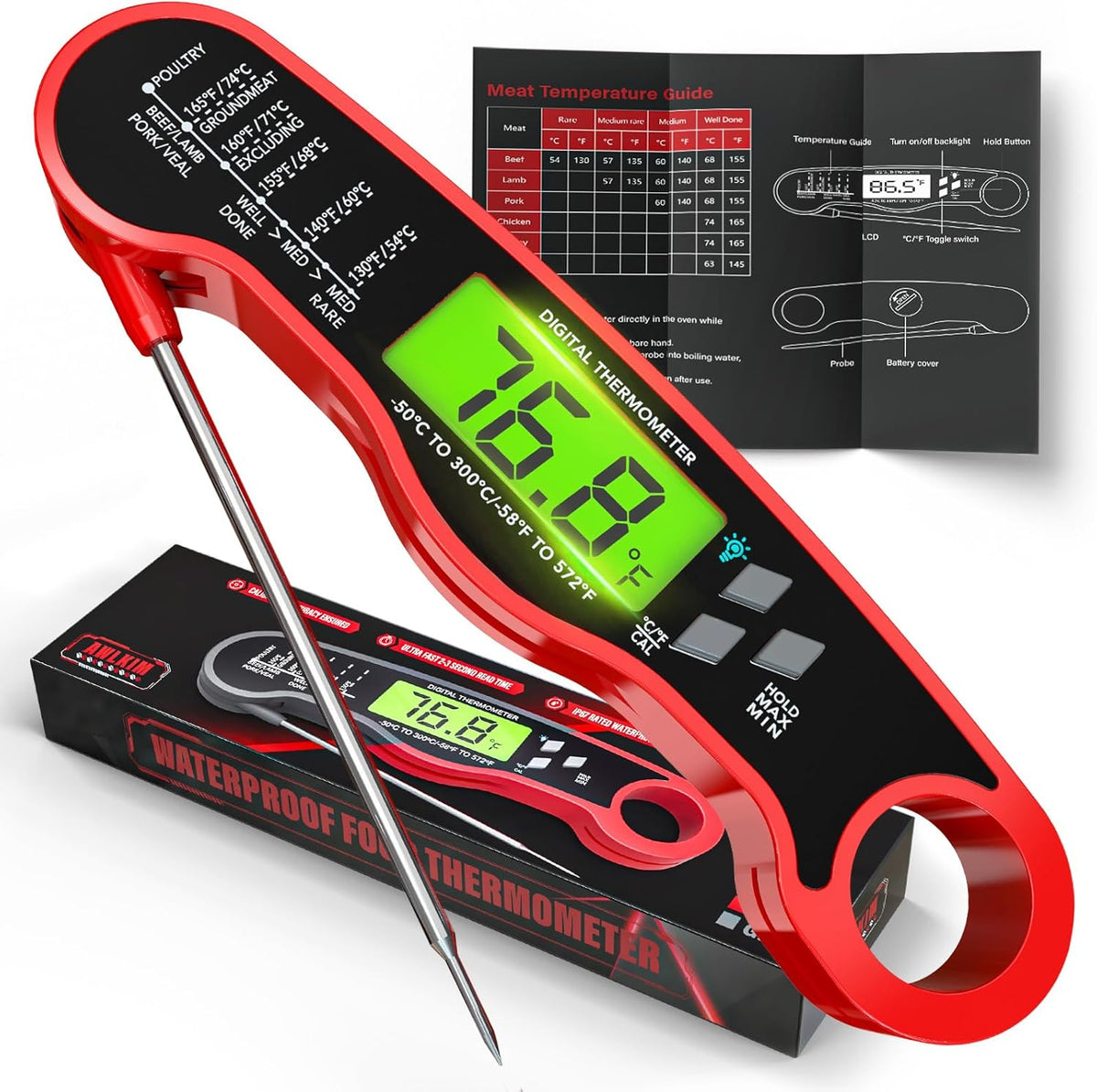 AWLKIM digital meat thermometer front view