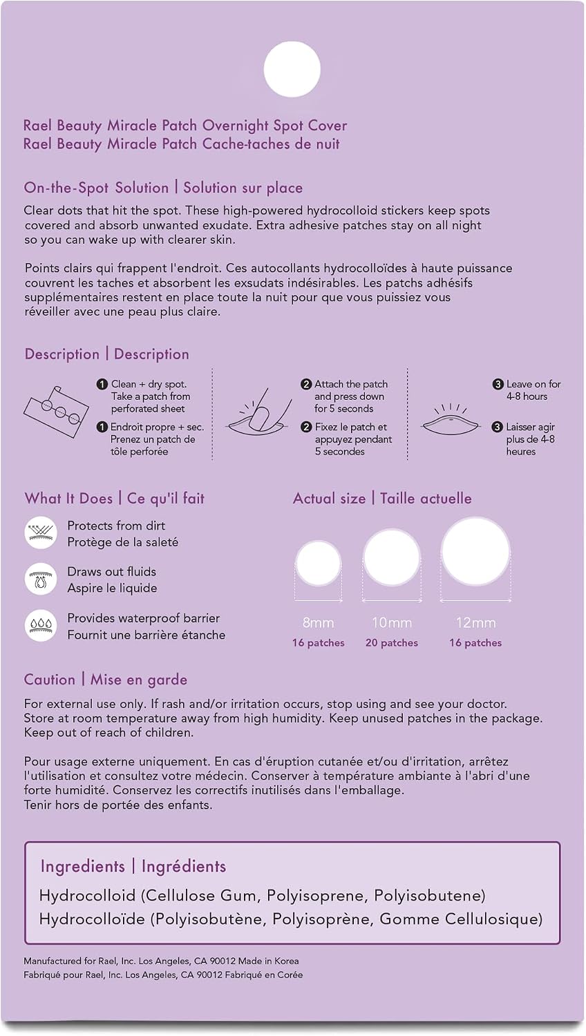 Rael hydrocolloid pimple patches in three different sizes for customizable acne treatment.
