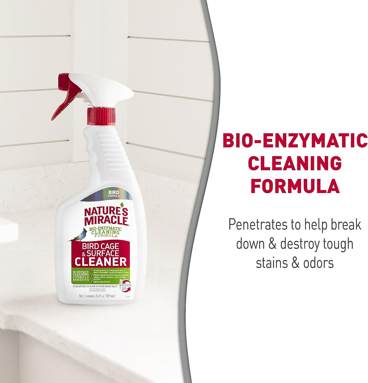 Nature's Miracle bird habitat and tray cleaner spray container showing close up of ergonomic trigger nozzle
