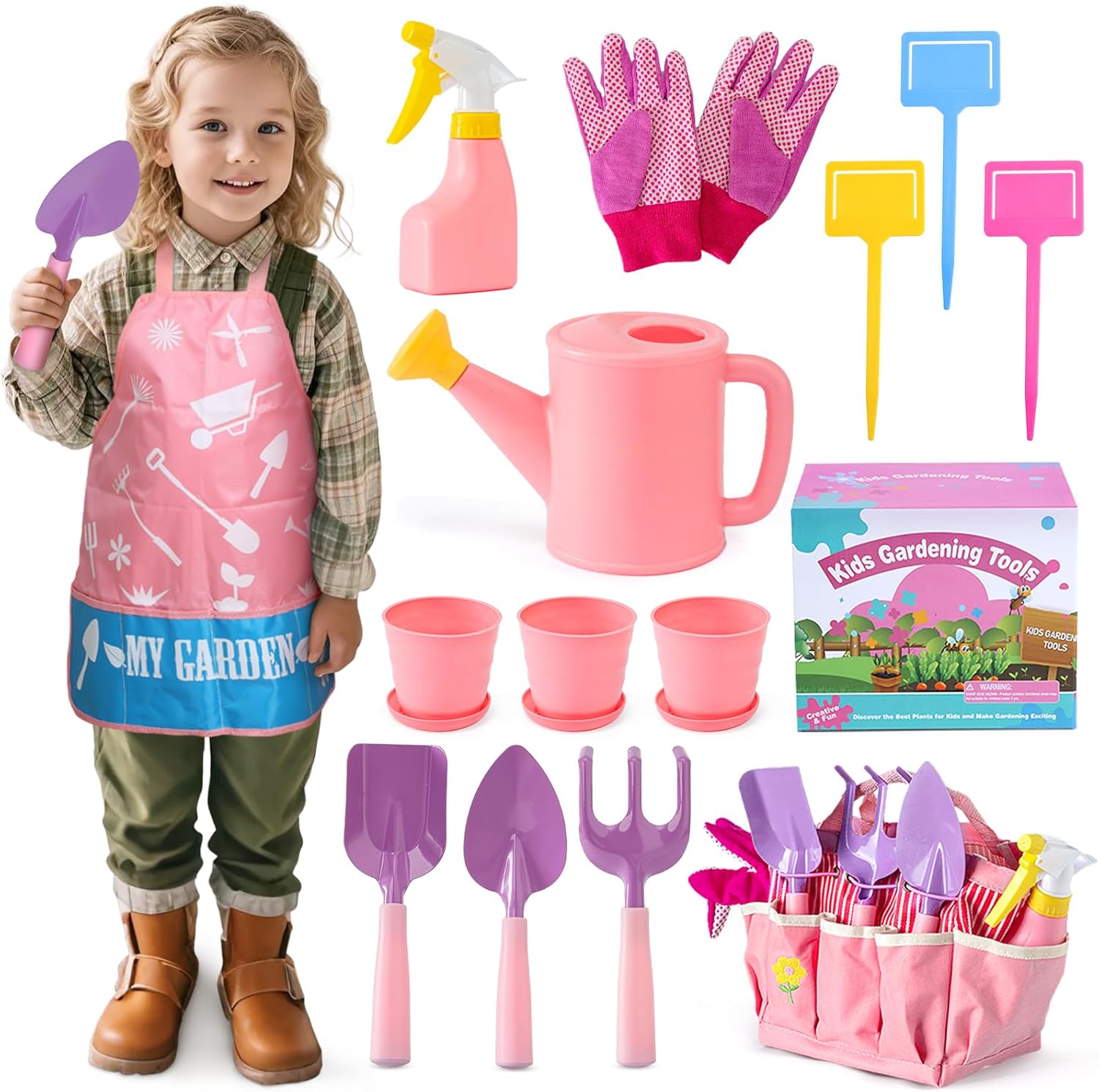 JOI MEW kids pink gardening tools set front view showing tote bag and metal shovel