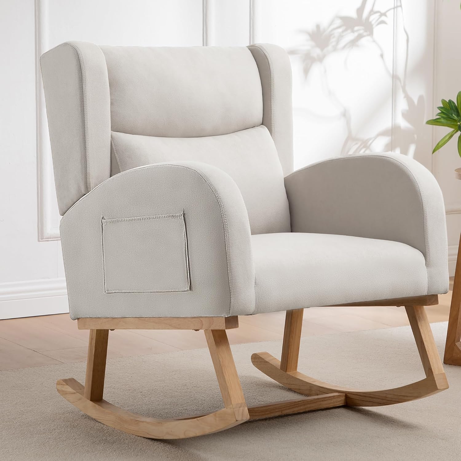HCHAIRH beige linen rocking chair front view for nursery