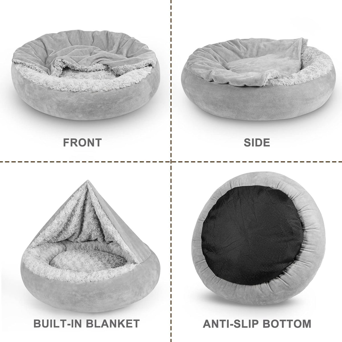 Small dog sleeping in Joejoy cozy cuddler pet bed