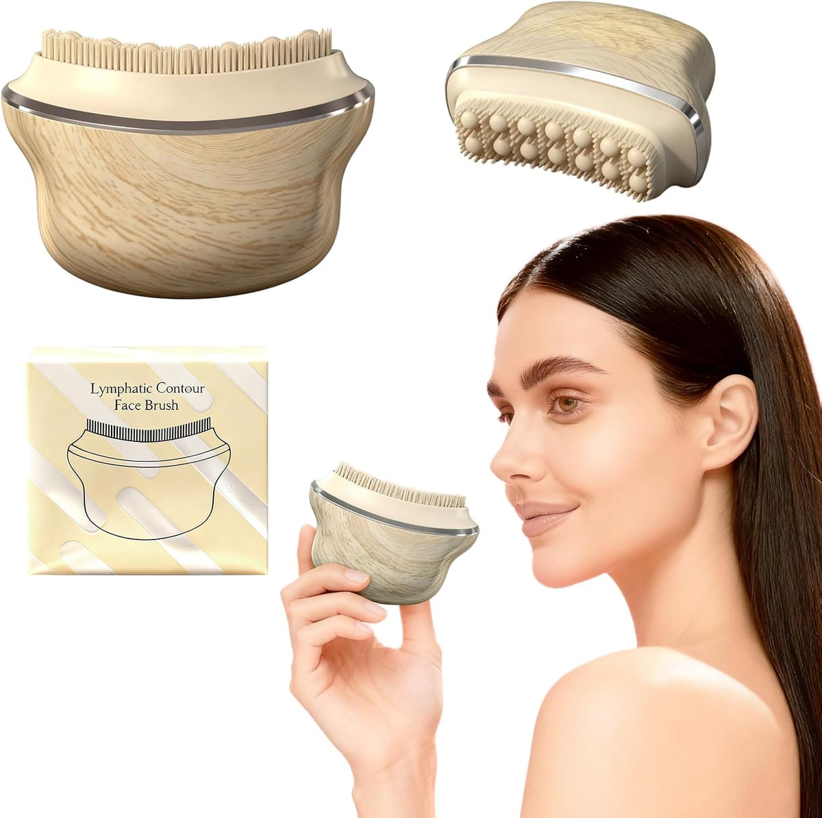AAJP Lymphatic Contour Face Brush front view with wood grain finish for facial sculpting.
