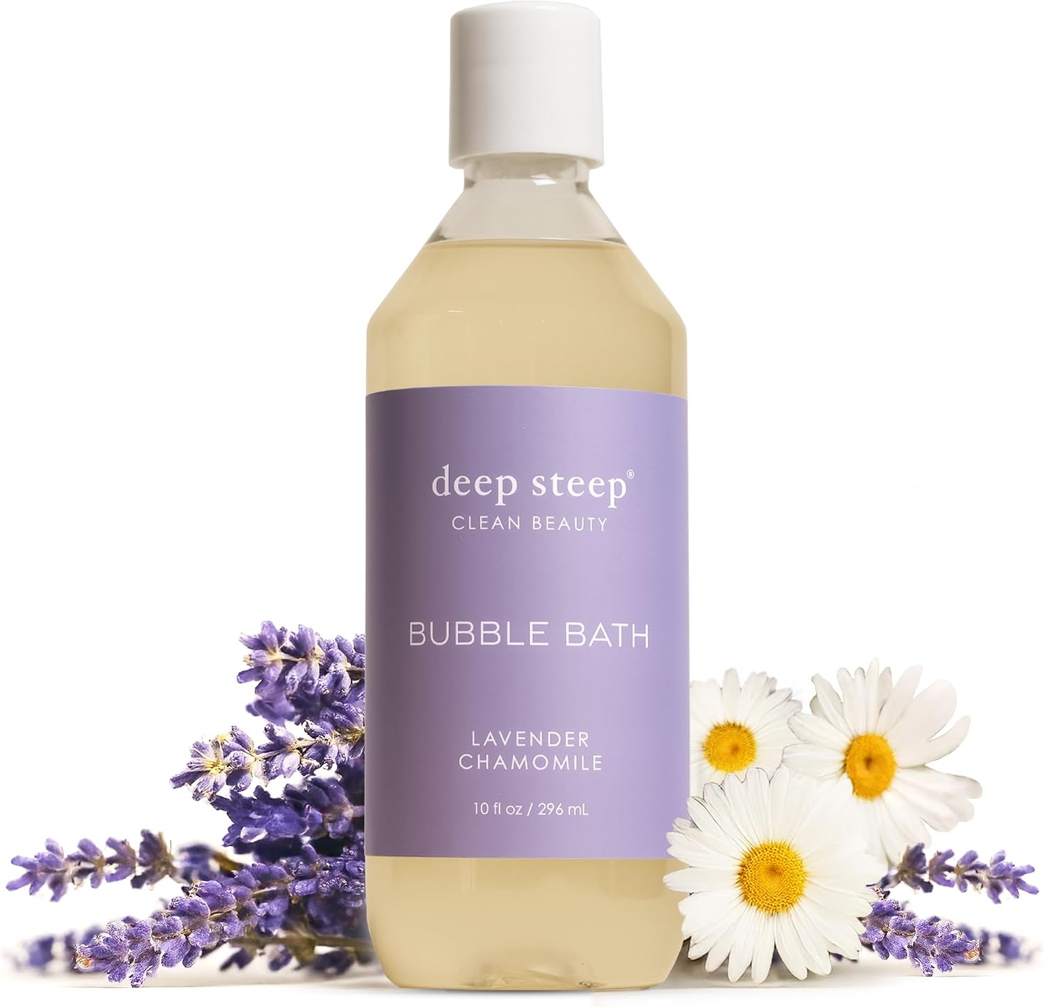 Deep Steep bubble bath bottle front view with lavender and chamomile design