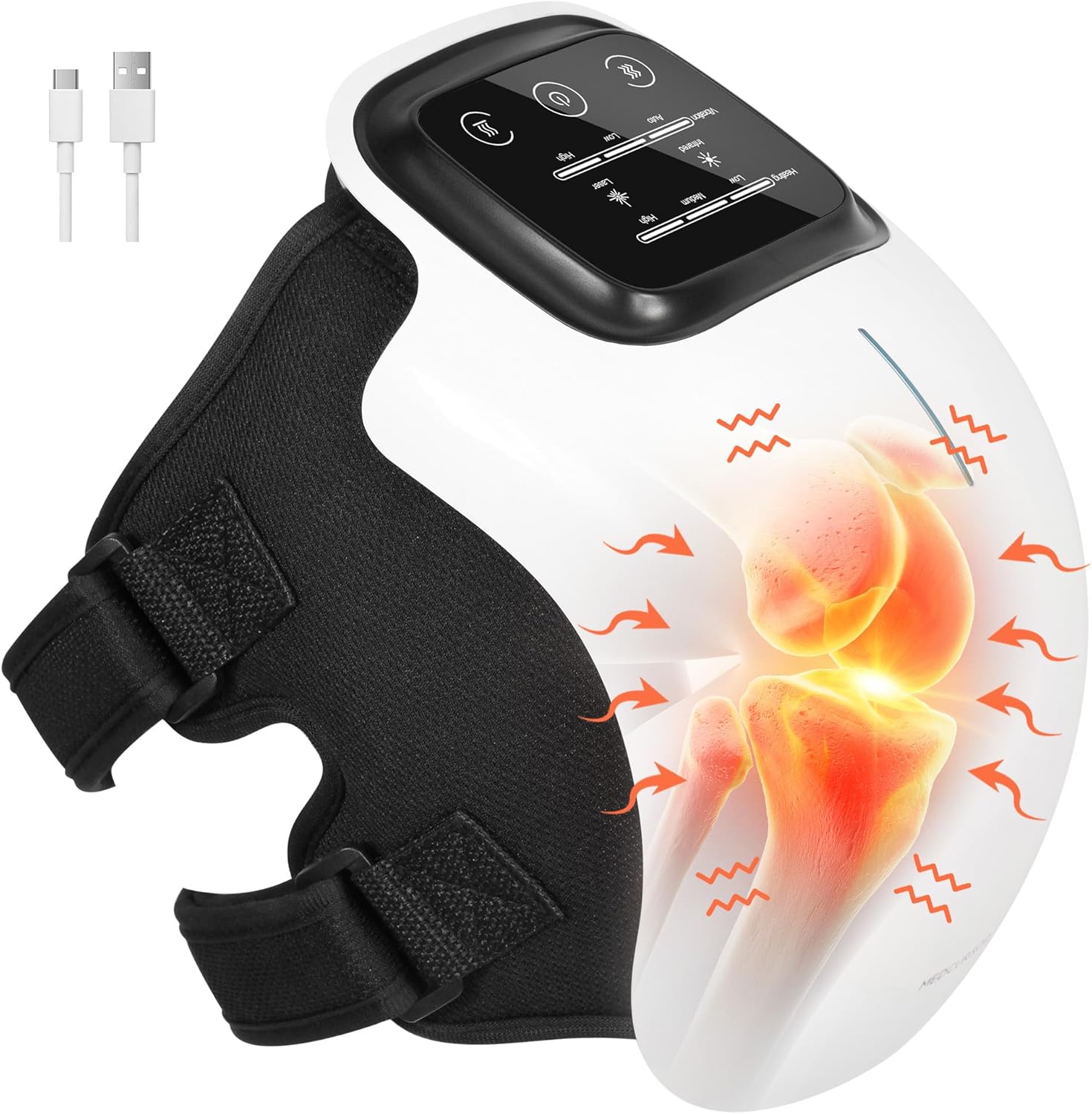 Medcursor cordless heated knee massager device front view showing digital LED screen control panel