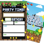 Lumoaster Pixel Theme Birthday Party Invitations front view showing twenty sets of gamer cards with envelopes.