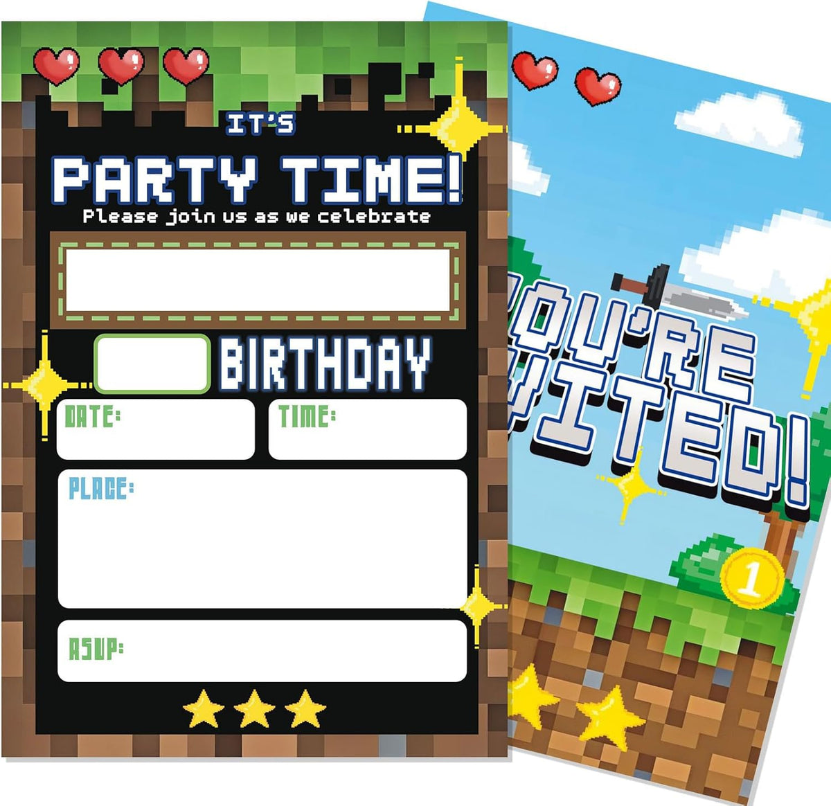 Lumoaster Pixel Theme Birthday Party Invitations front view showing twenty sets of gamer cards with envelopes.